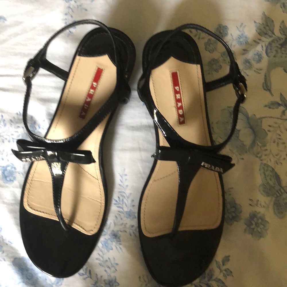 Prada Black Patent Leather Bow Wedge Sandal size 8